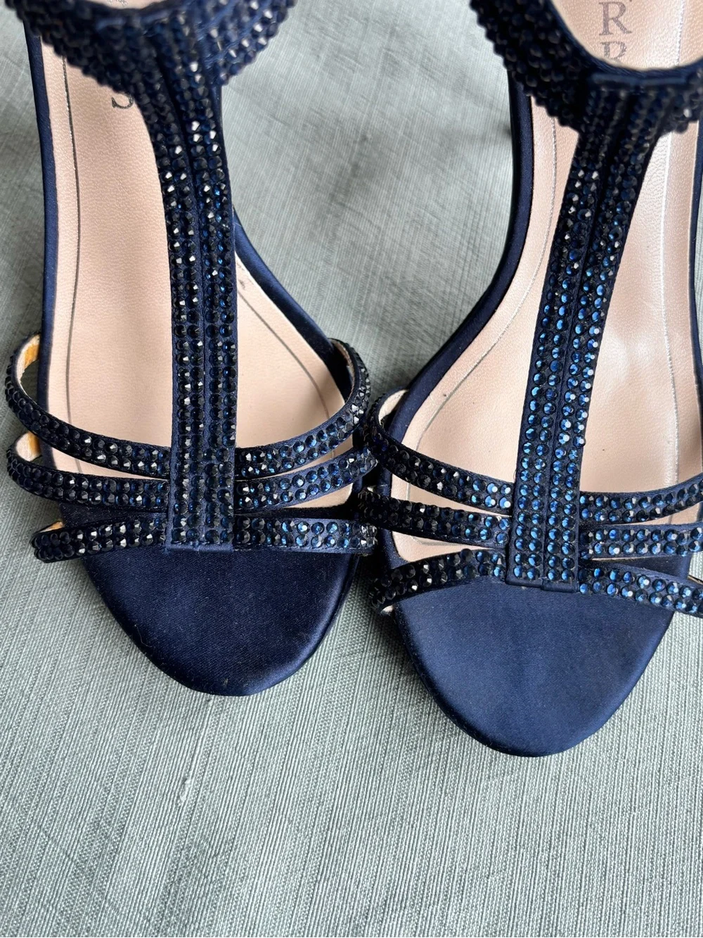 Caparros Navy Crystal T-Strap Evening Heels 8 Prom Wedding Guest